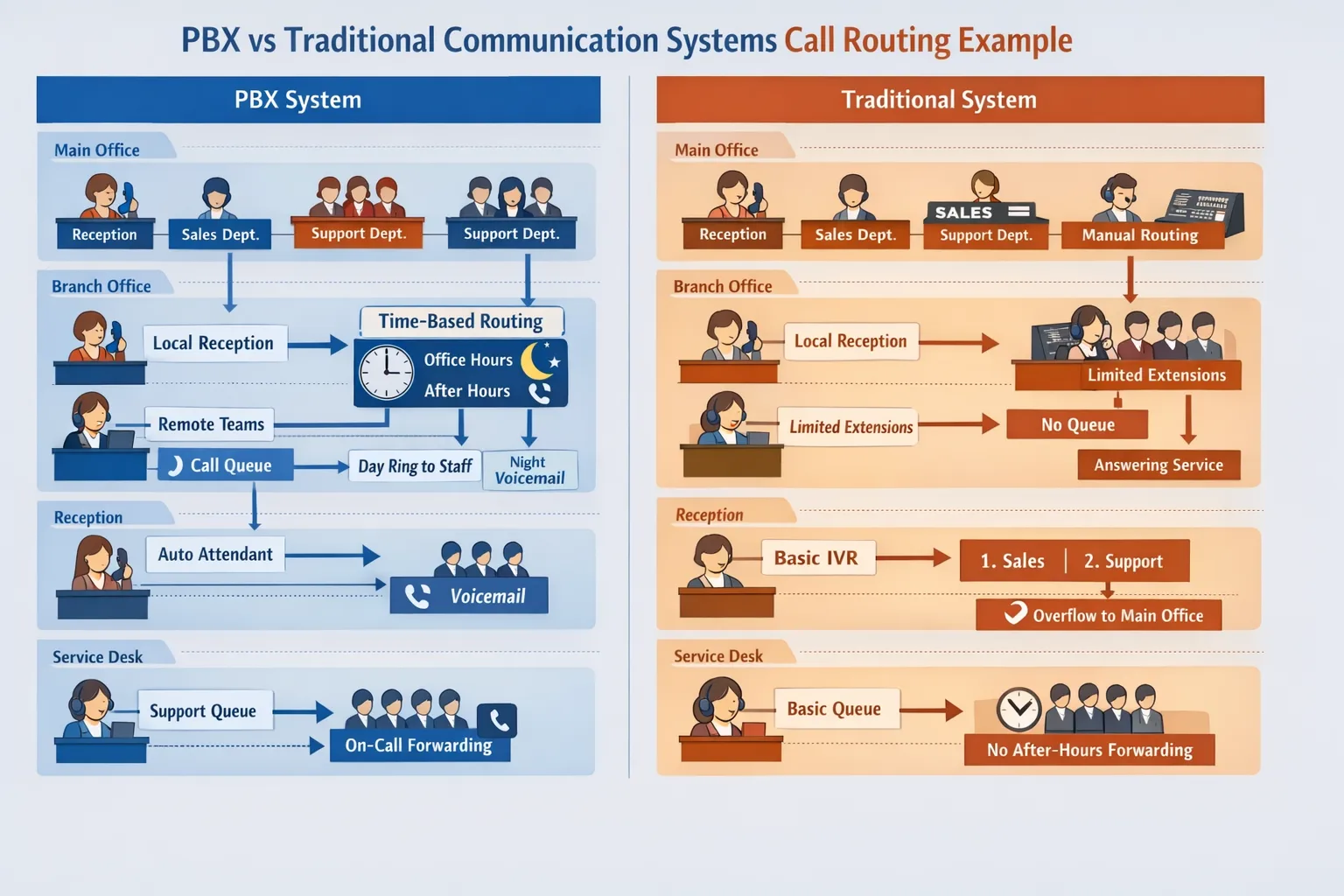 PBX vs Traditional Communication Systems Key Differences deployment scene covering office, branch office, reception, service desk with desk phones, SIP endpoints, gateways, and administrative access