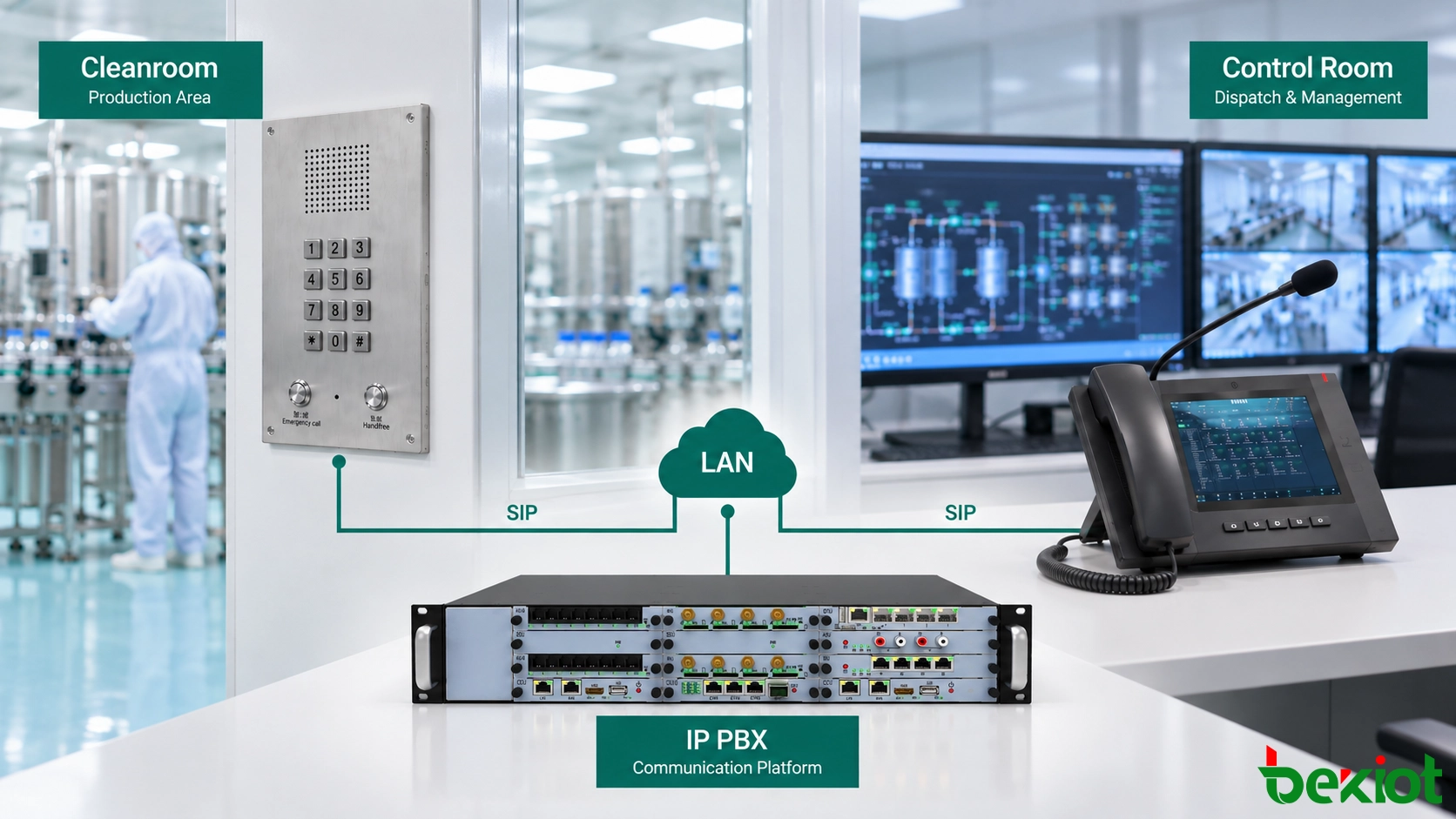 BT26 क्लीनरूम टेलीफोन जो BU2000 IP PBX के माध्यम से GP320i डिस्पैच टेलीफोन से जुड़ा है